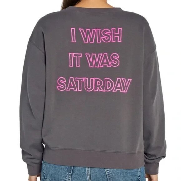 NWT Wildfox Women's Gray Graphic "I WISH IT WAS SATURDAY" Crewneck Sweater XS - Picture 2 of 8